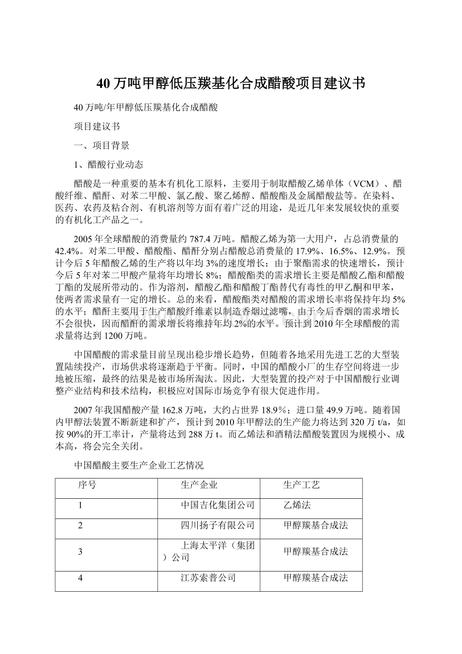 40万吨甲醇低压羰基化合成醋酸项目建议书Word文档下载推荐.docx_第1页