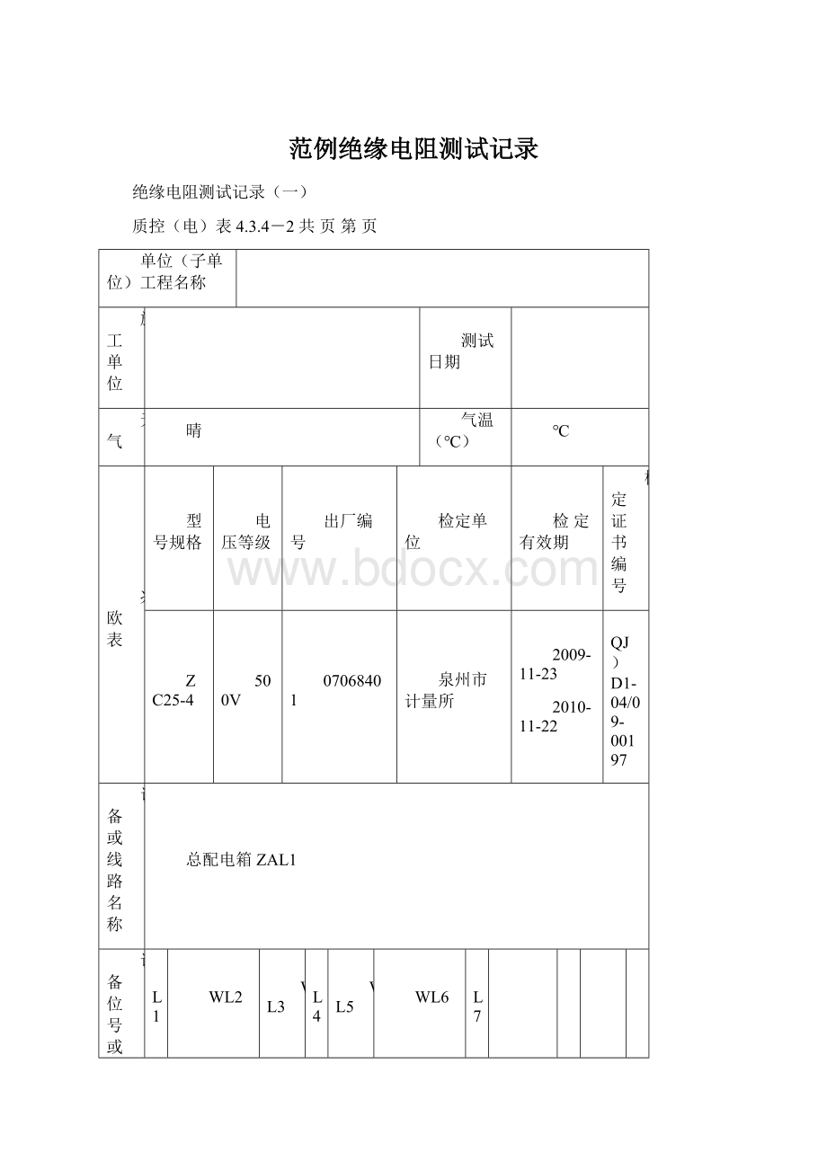 范例绝缘电阻测试记录.docx_第1页