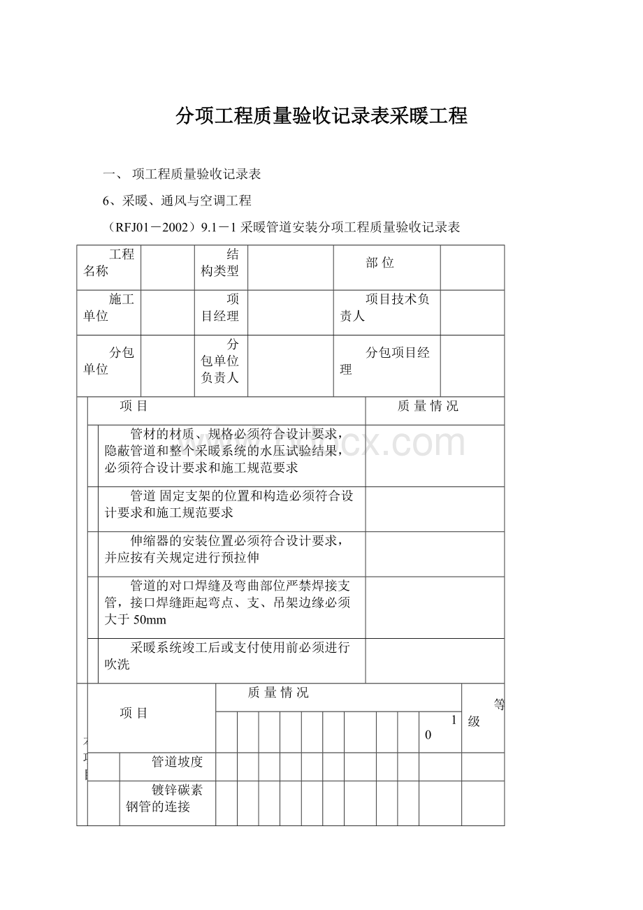 分项工程质量验收记录表采暖工程Word文档格式.docx_第1页