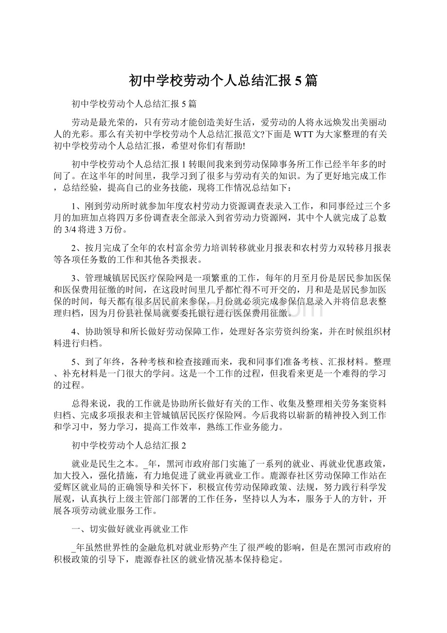 初中学校劳动个人总结汇报5篇Word文档下载推荐.docx