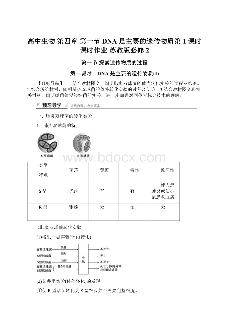 高中生物 第四章 第一节 DNA是主要的遗传物质第1课时课时作业 苏教版必修2Word文件下载.docx