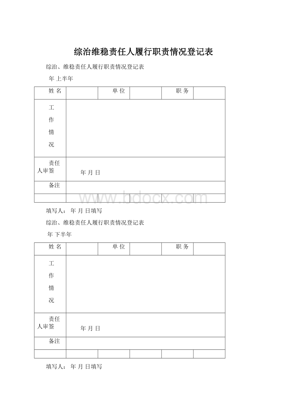 综治维稳责任人履行职责情况登记表Word文档下载推荐.docx