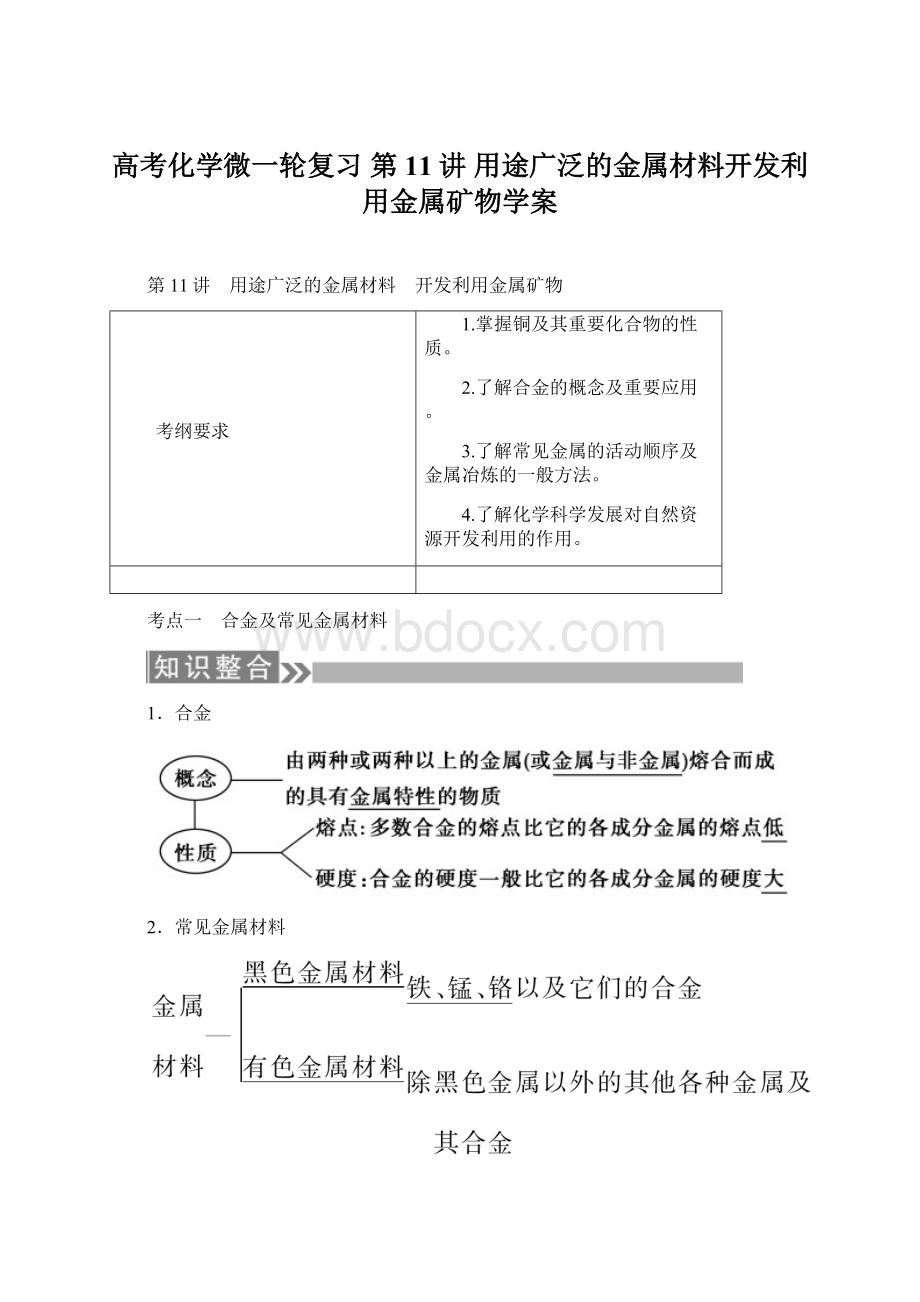 高考化学微一轮复习 第11讲 用途广泛的金属材料开发利用金属矿物学案文档格式.docx