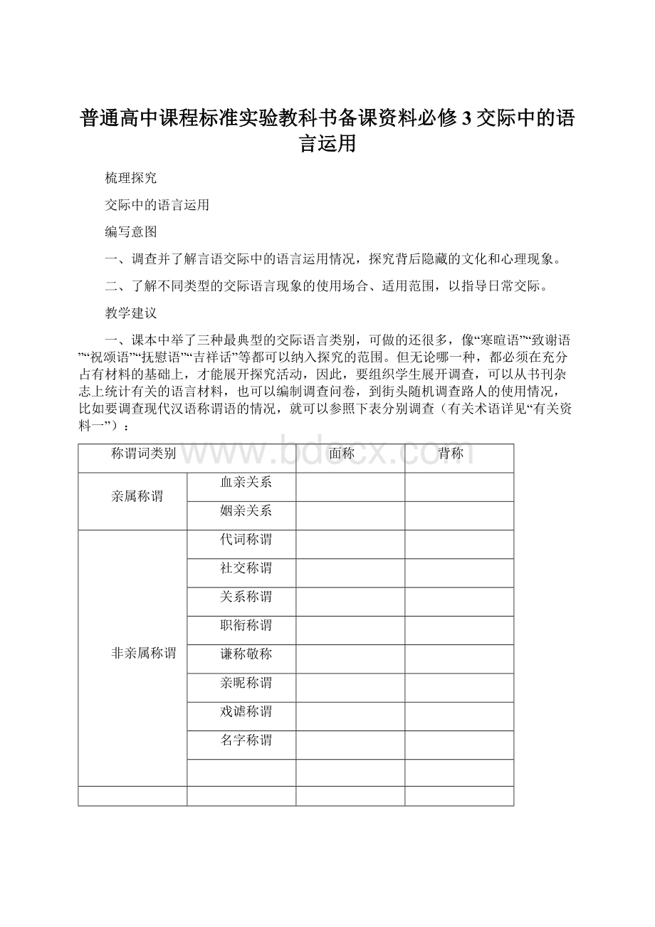 普通高中课程标准实验教科书备课资料必修3交际中的语言运用.docx