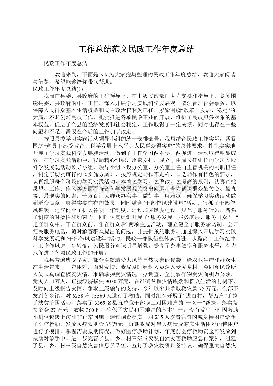 工作总结范文民政工作年度总结.docx_第1页