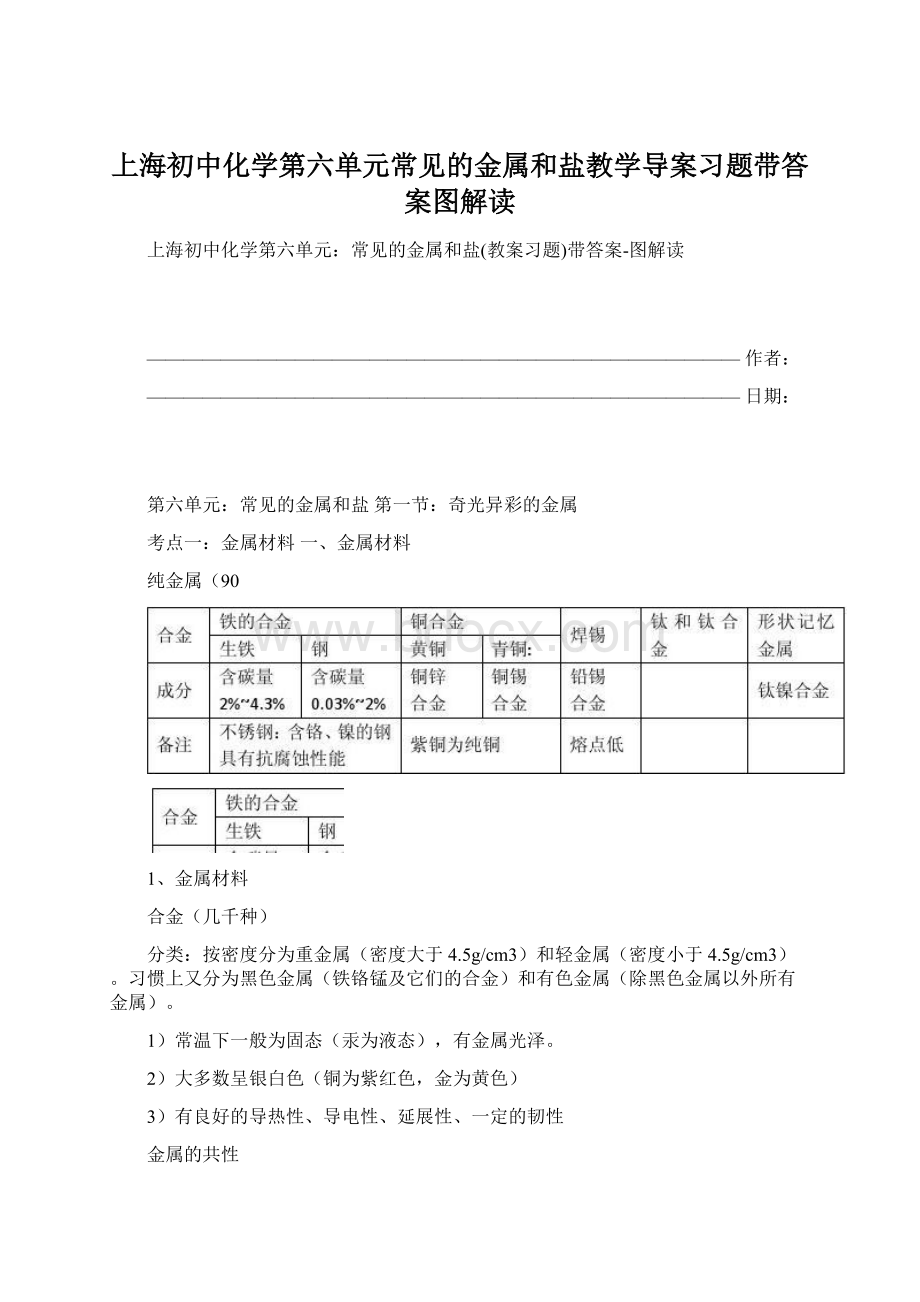 上海初中化学第六单元常见的金属和盐教学导案习题带答案图解读.docx