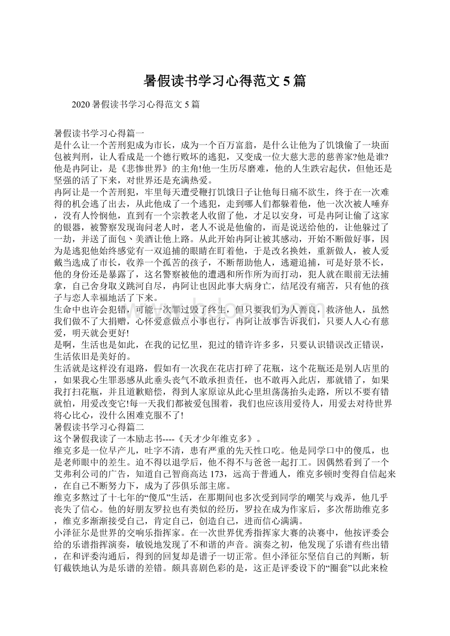 暑假读书学习心得范文5篇Word格式文档下载.docx