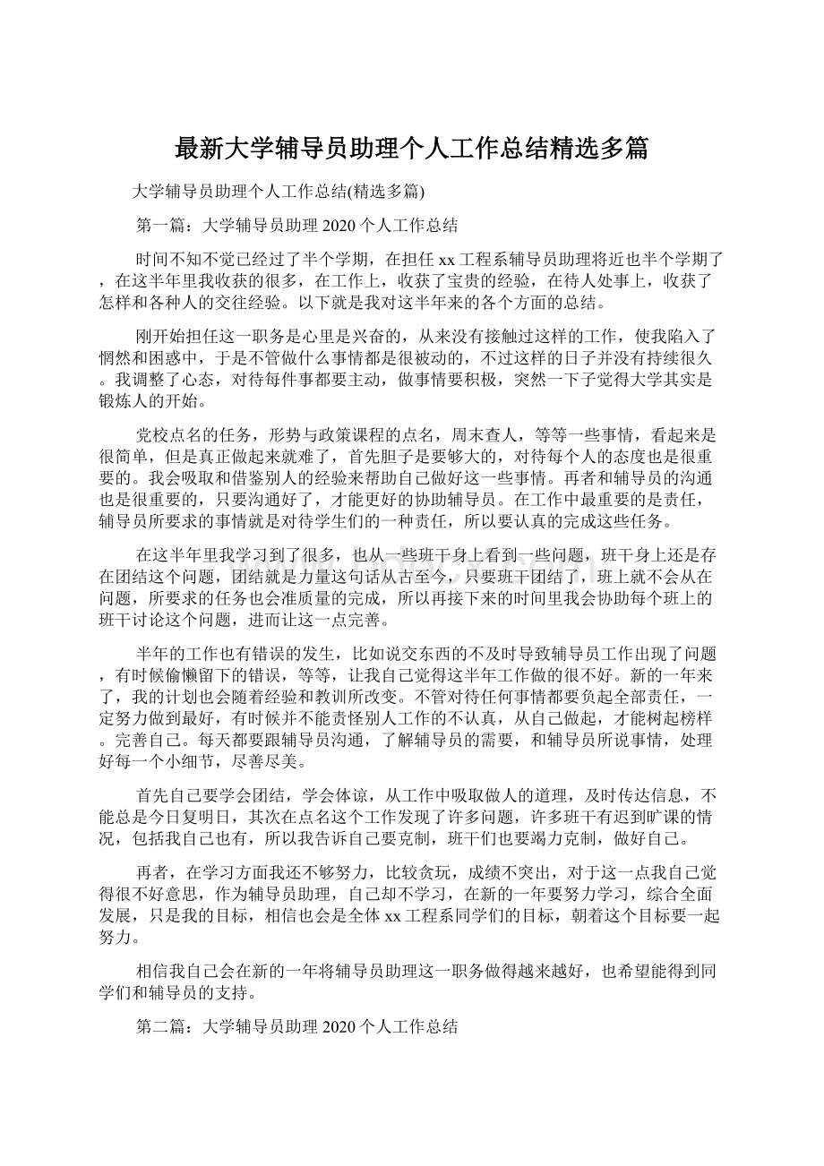 最新大学辅导员助理个人工作总结精选多篇.docx