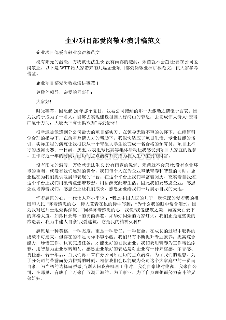 企业项目部爱岗敬业演讲稿范文.docx_第1页