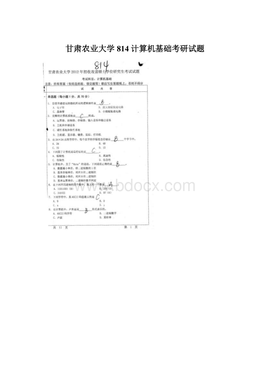 甘肃农业大学814计算机基础考研试题.docx