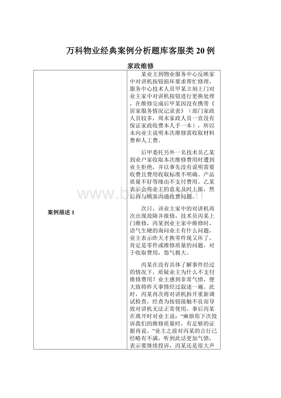 万科物业经典案例分析题库客服类20例.docx_第1页