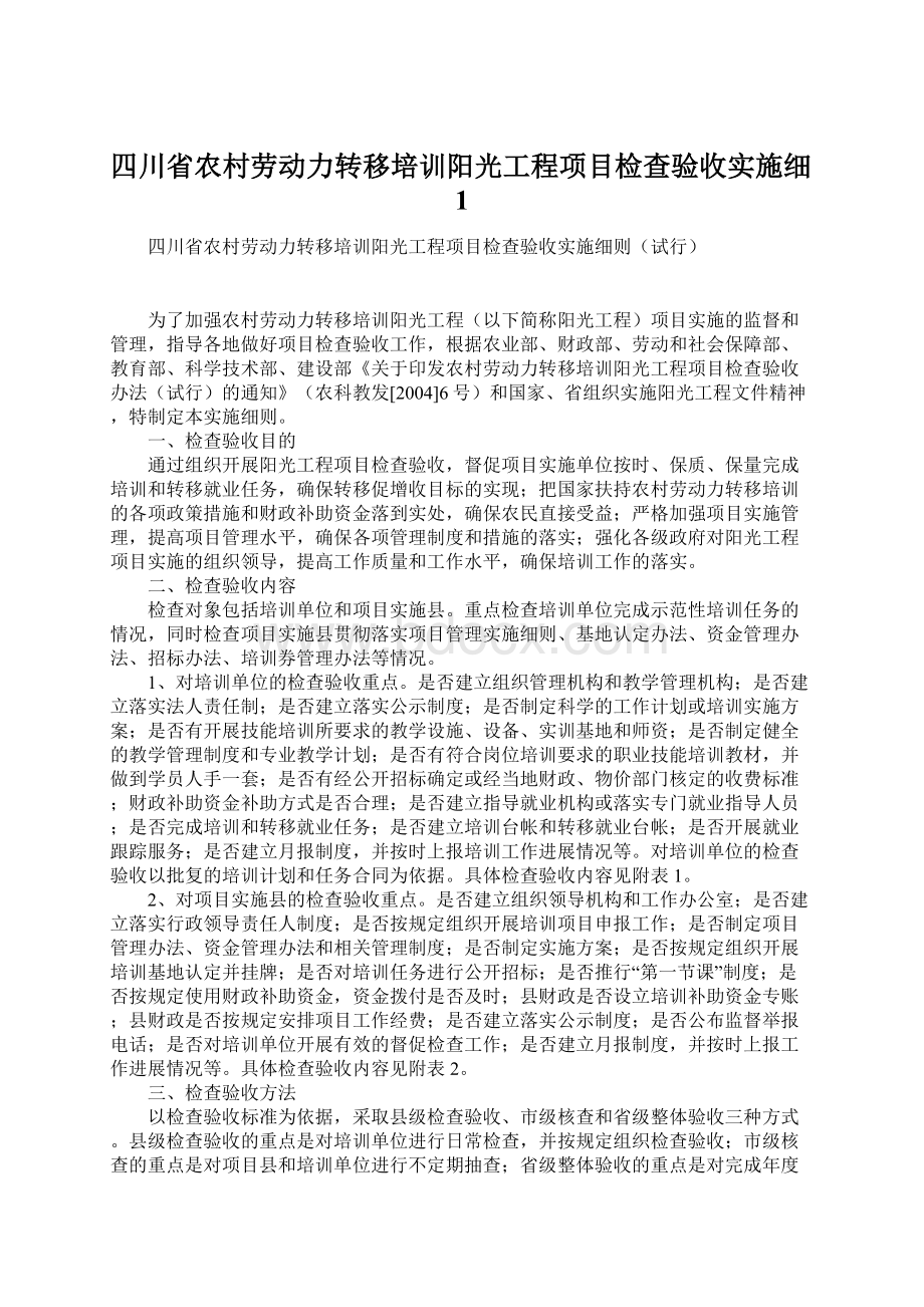 四川省农村劳动力转移培训阳光工程项目检查验收实施细1文档格式.docx