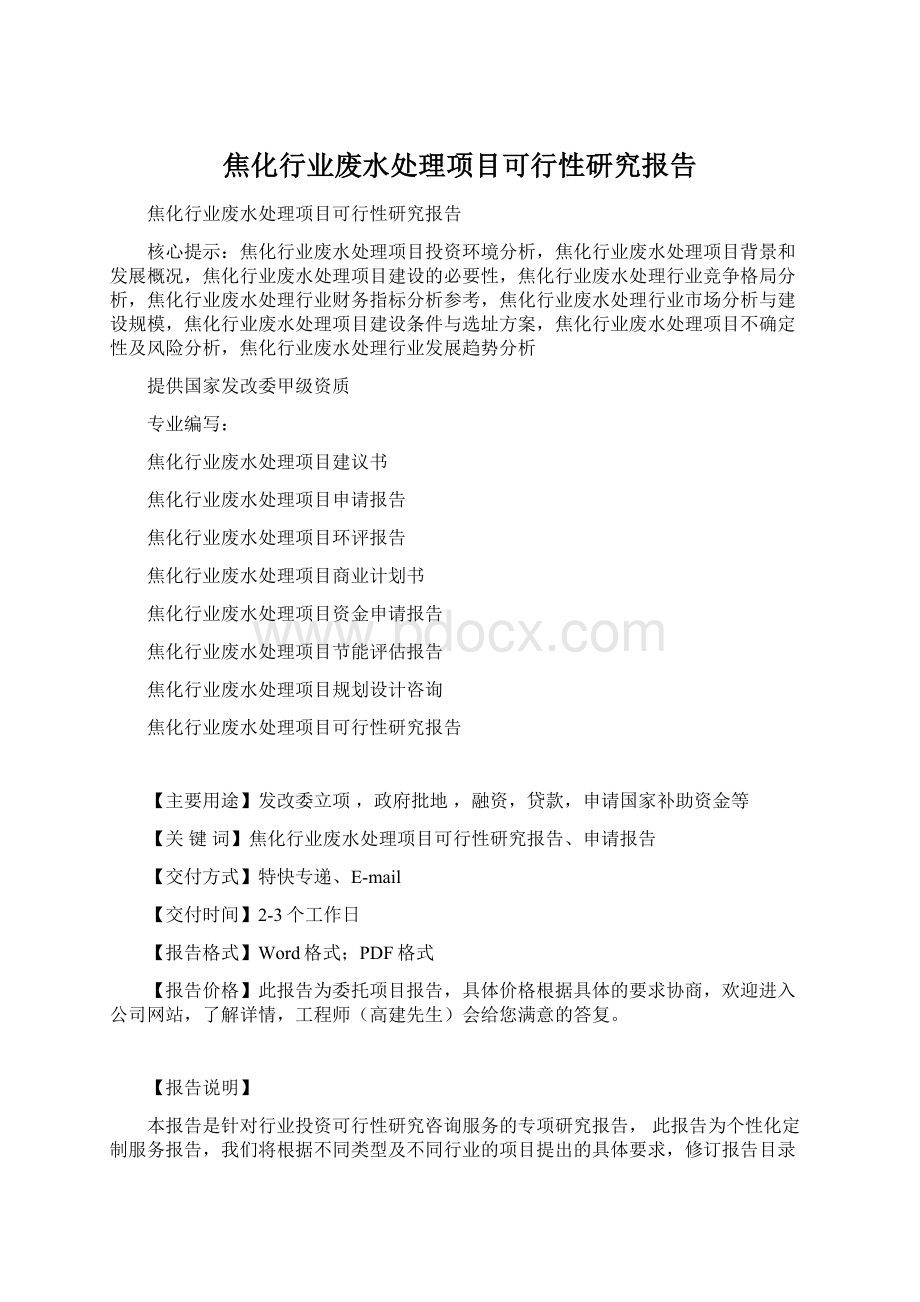 焦化行业废水处理项目可行性研究报告Word格式.docx_第1页