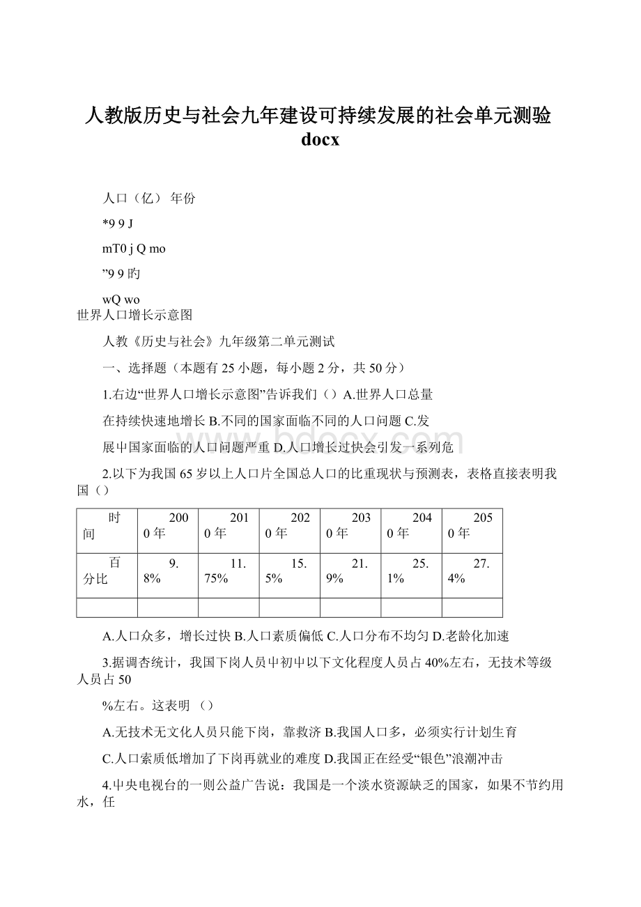 人教版历史与社会九年建设可持续发展的社会单元测验docxWord文档格式.docx_第1页