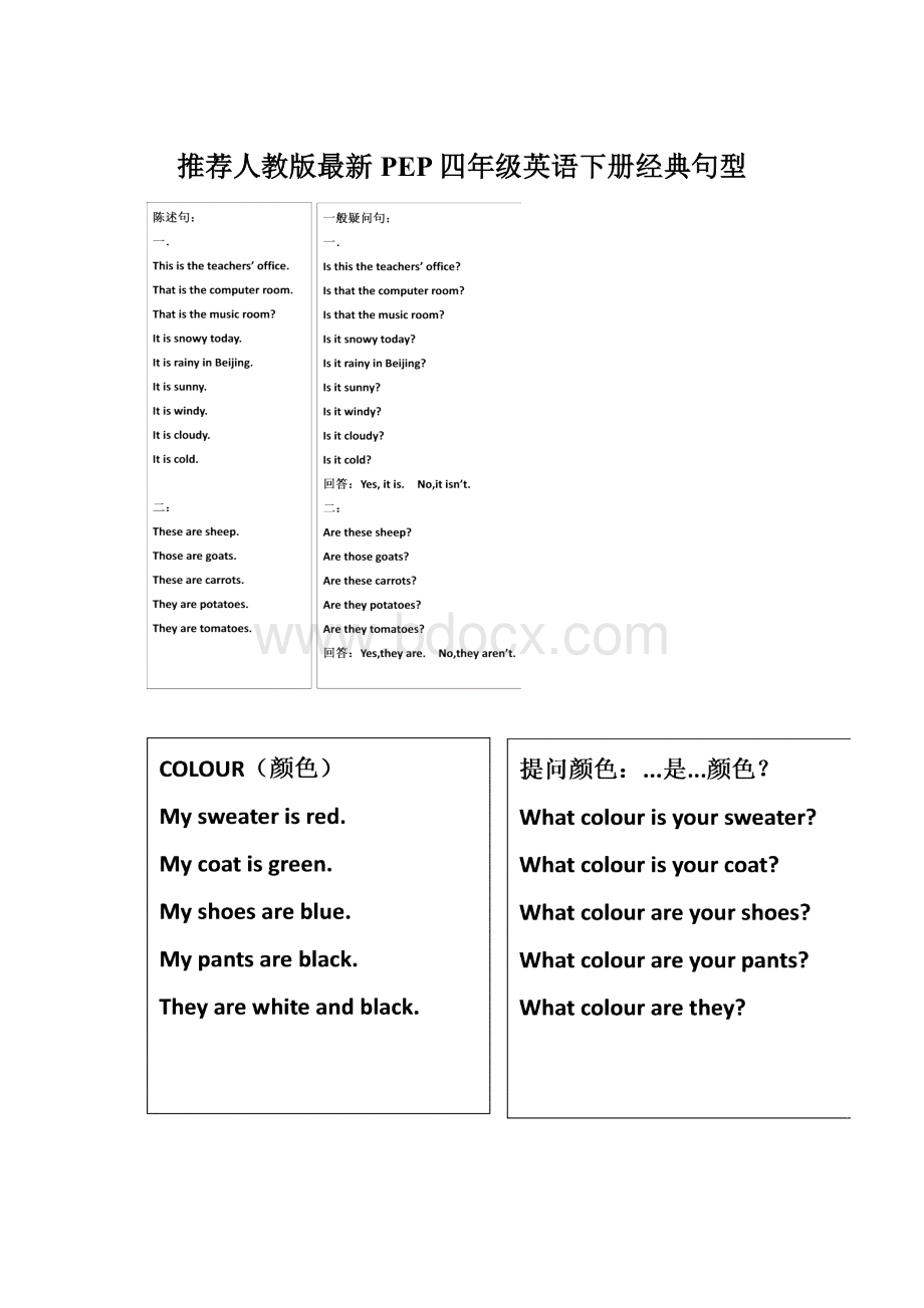 推荐人教版最新PEP四年级英语下册经典句型Word文档下载推荐.docx