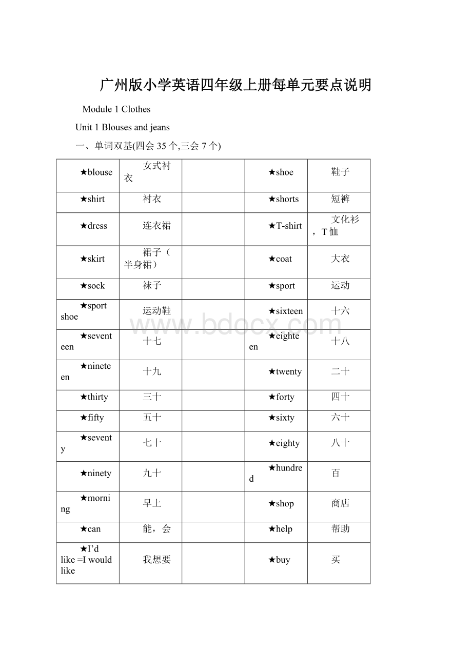 广州版小学英语四年级上册每单元要点说明文档格式.docx_第1页