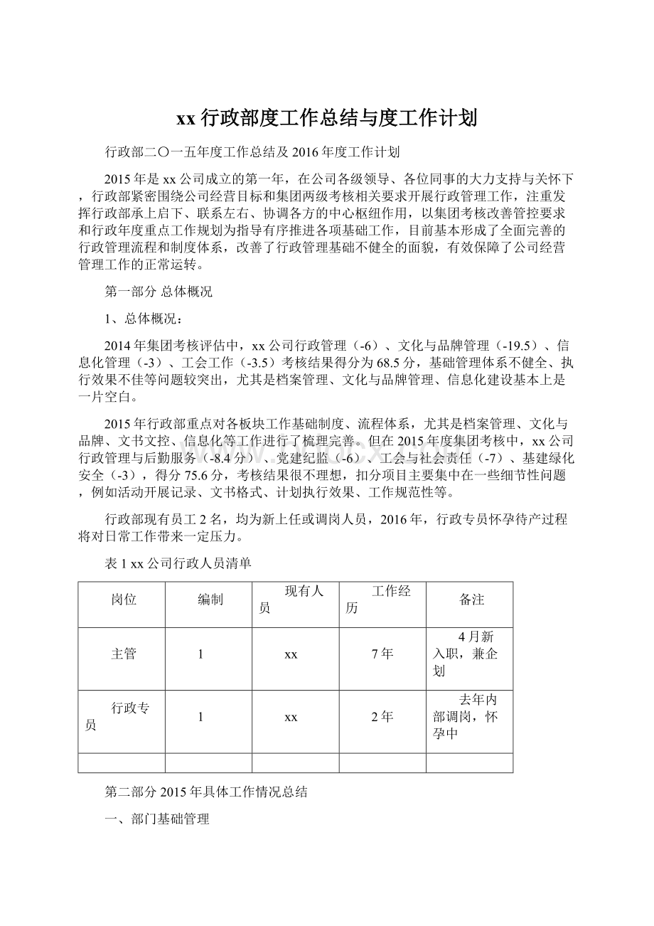 xx行政部度工作总结与度工作计划Word文档下载推荐.docx_第1页