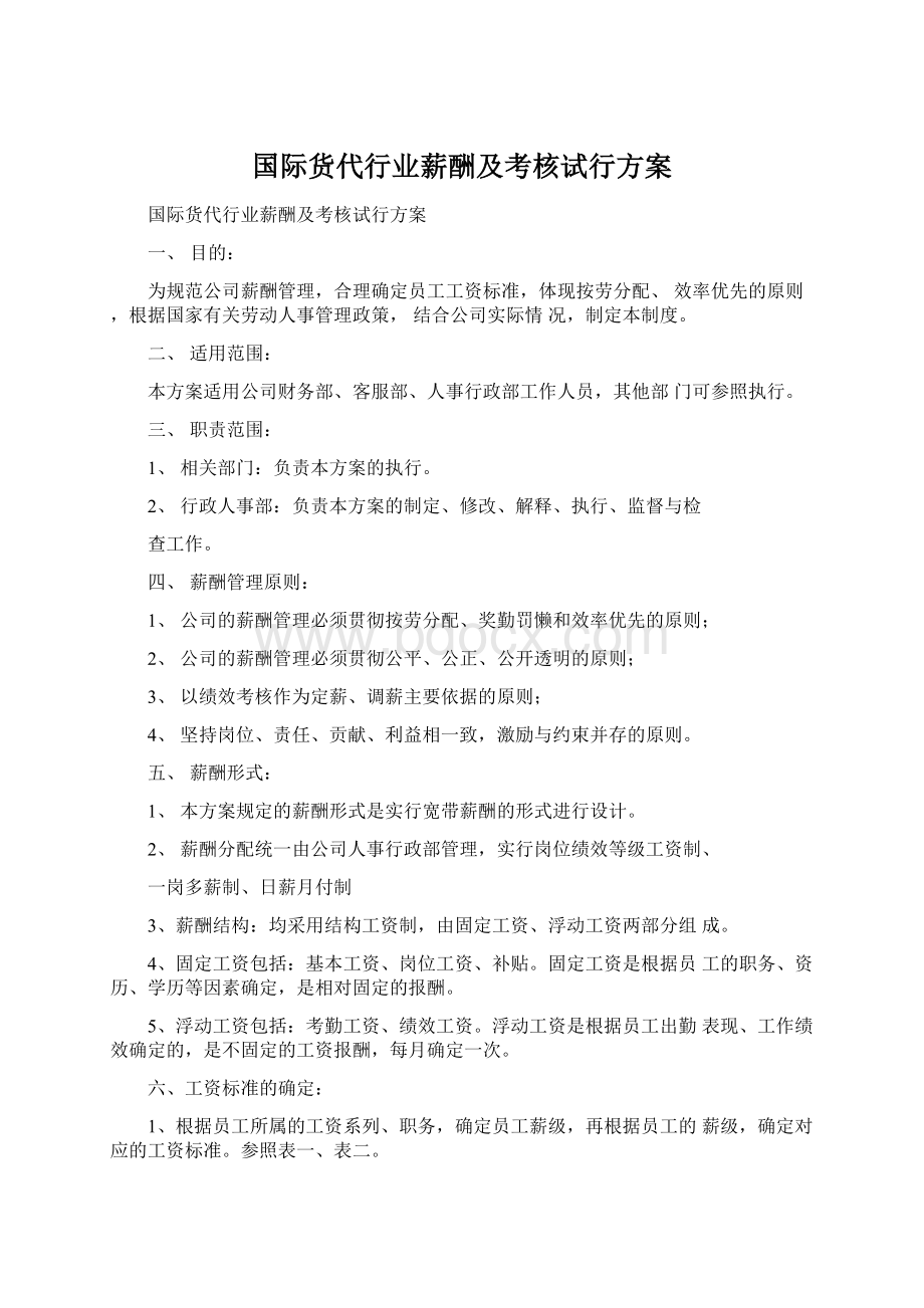 国际货代行业薪酬及考核试行方案.docx