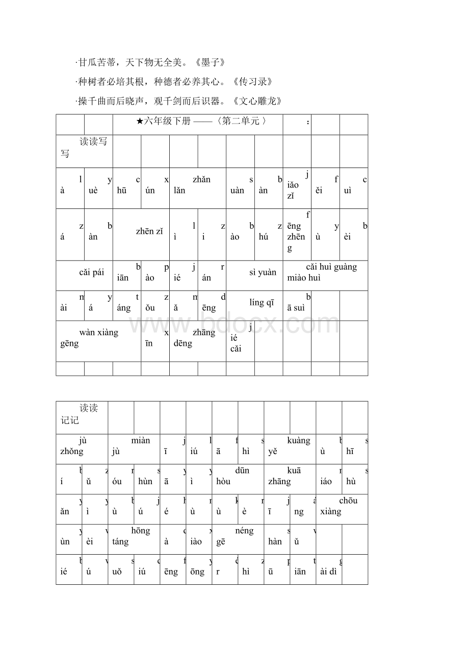 人教版六年级下册看拼音写词语+日积月累田字格Word文件下载.docx_第2页