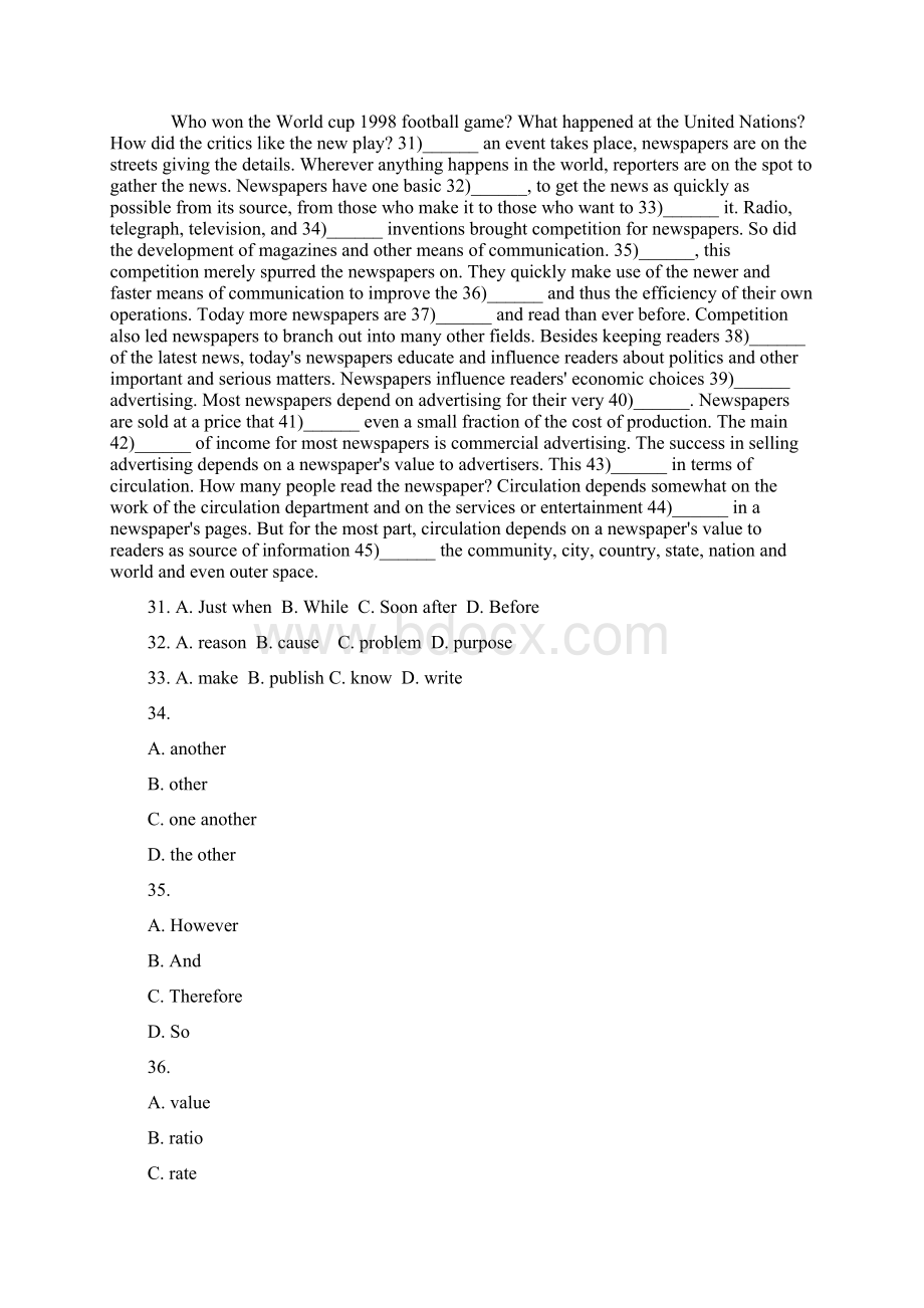 英语专业四级完形填空汇总练习题 附答案Word格式文档下载.docx_第3页