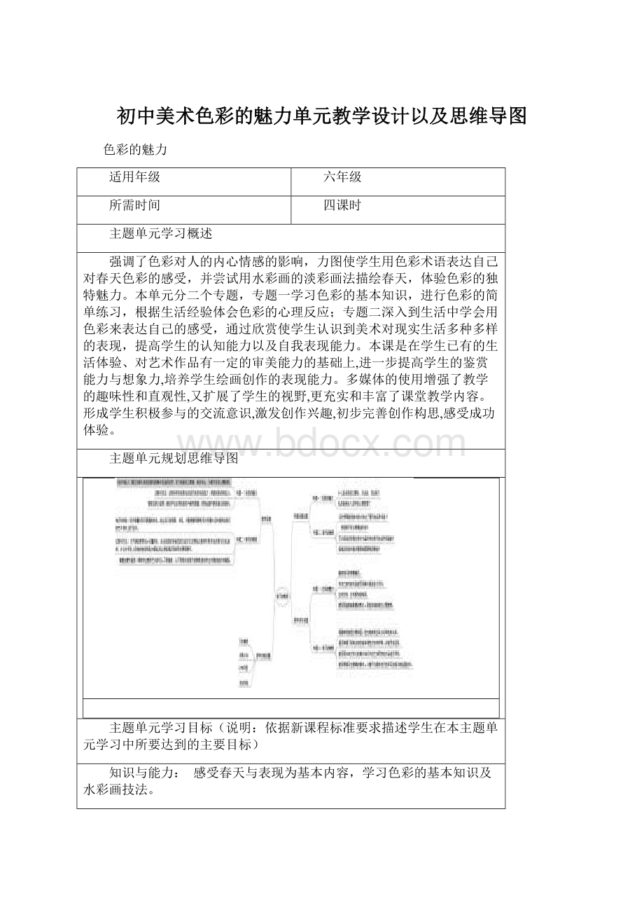 初中美术色彩的魅力单元教学设计以及思维导图Word下载.docx