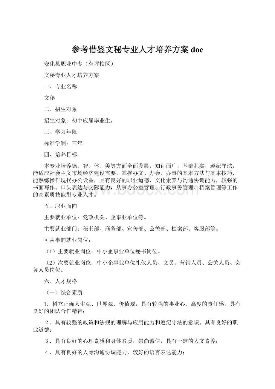 参考借鉴文秘专业人才培养方案docWord格式文档下载.docx