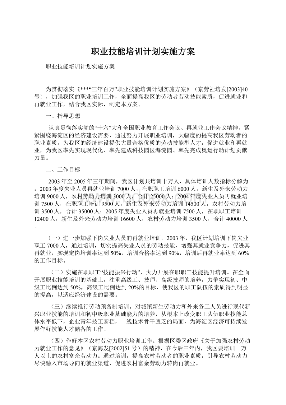 职业技能培训计划实施方案.docx_第1页