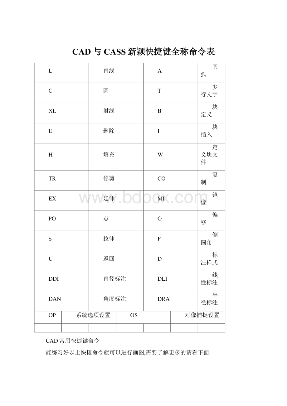 CAD与CASS新颖快捷键全称命令表Word下载.docx