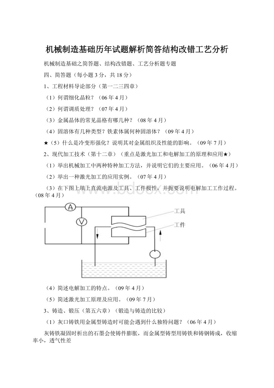 机械制造基础历年试题解析简答结构改错工艺分析.docx