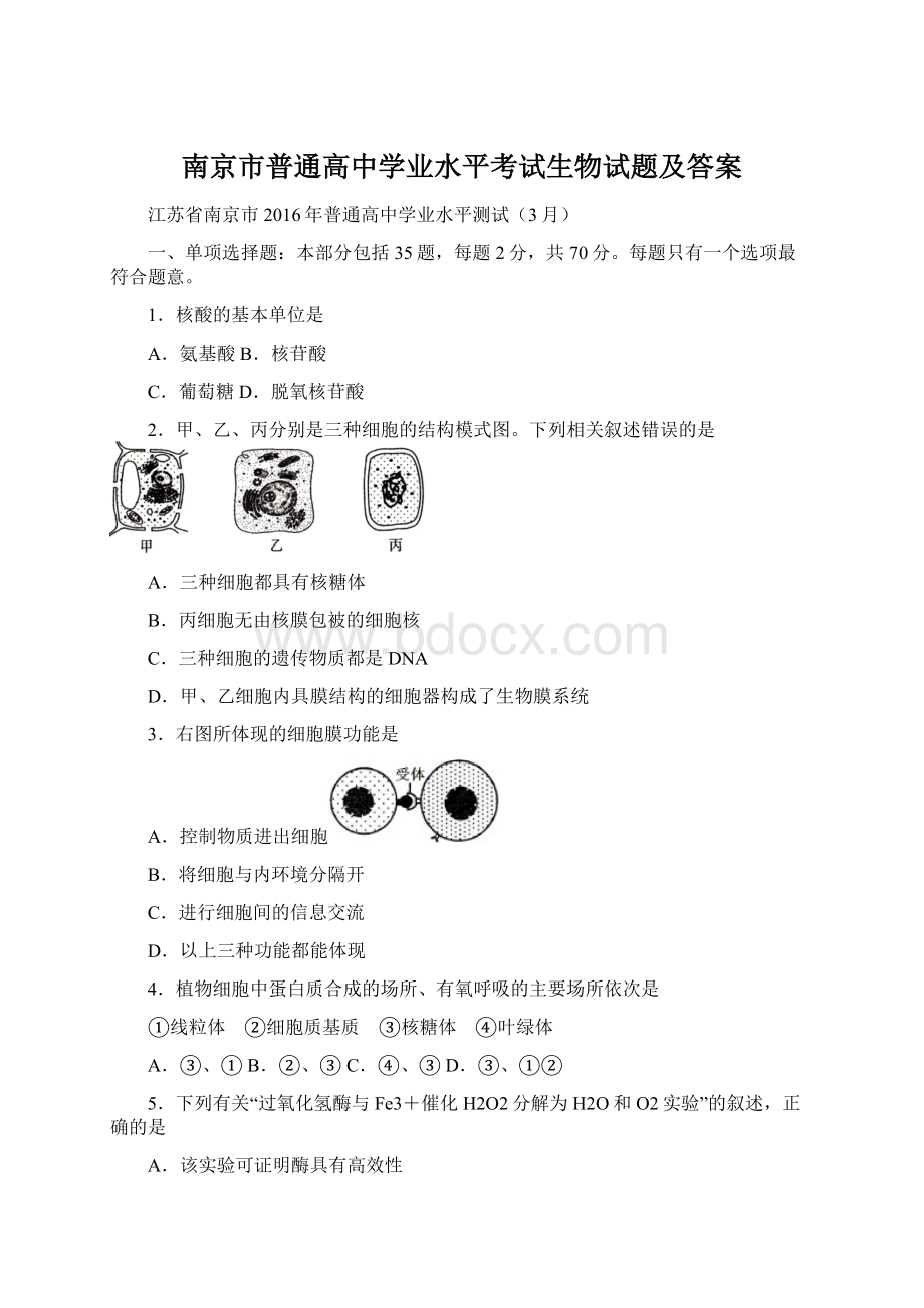 南京市普通高中学业水平考试生物试题及答案Word文档下载推荐.docx_第1页