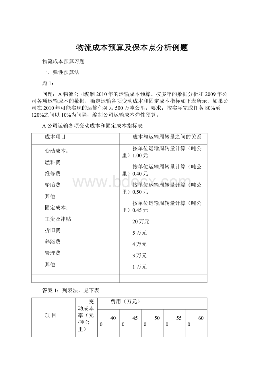 物流成本预算及保本点分析例题.docx