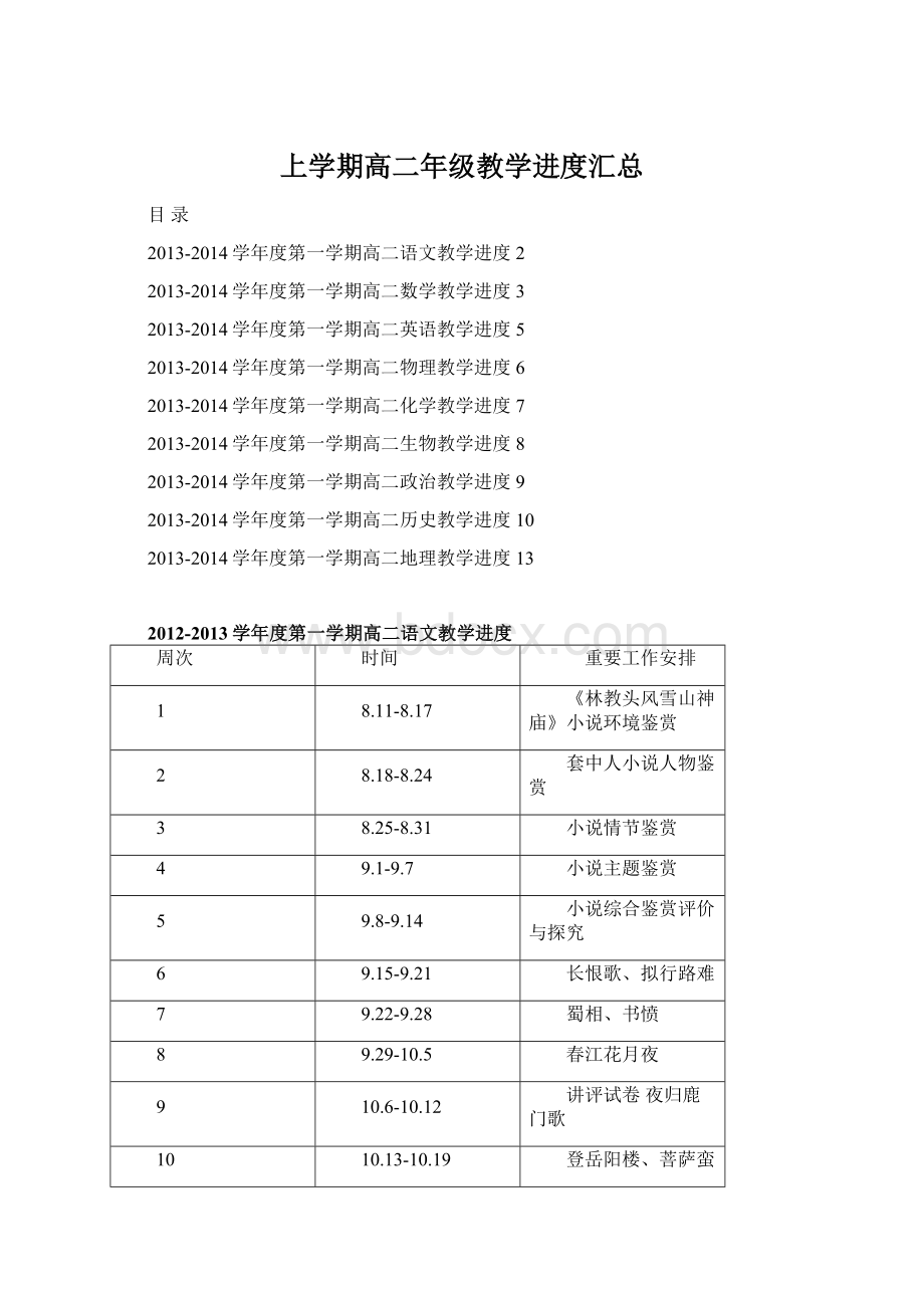 上学期高二年级教学进度汇总.docx