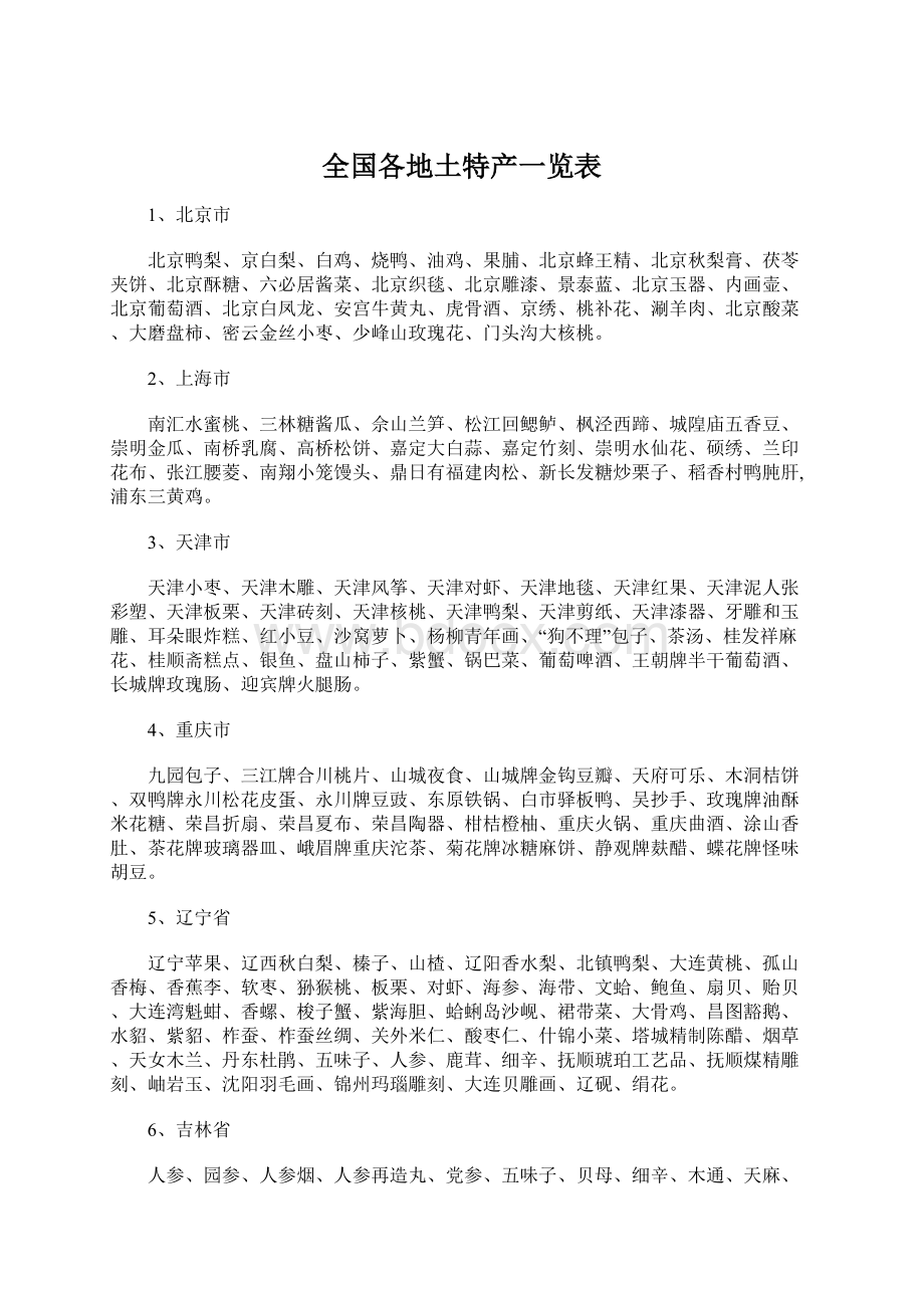 全国各地土特产一览表Word格式文档下载.docx