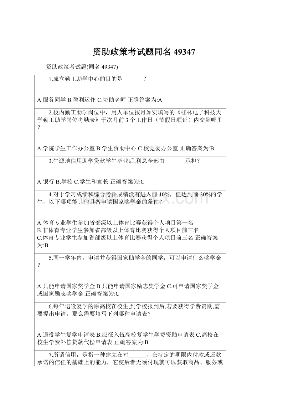 资助政策考试题同名49347Word文档格式.docx