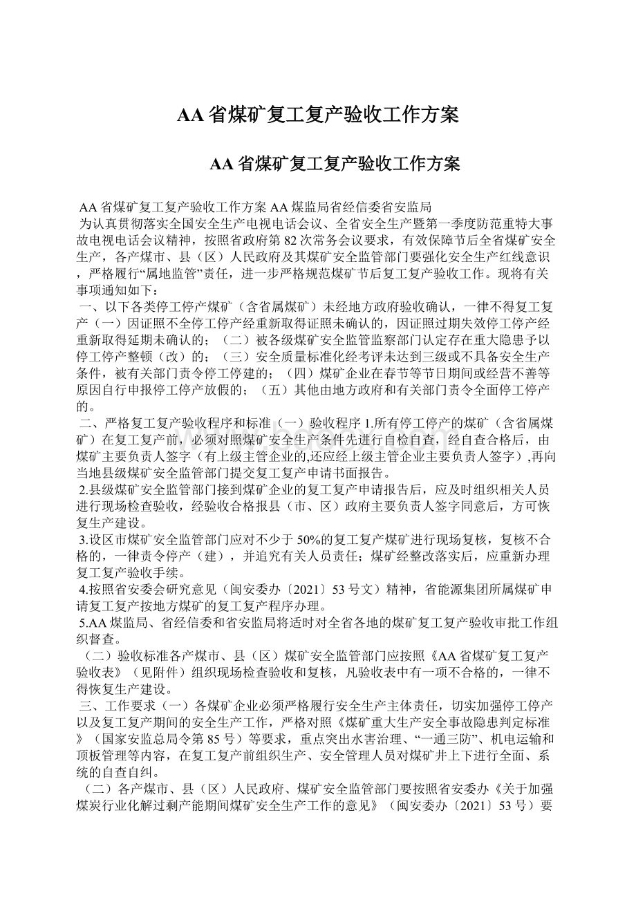 AA省煤矿复工复产验收工作方案.docx_第1页