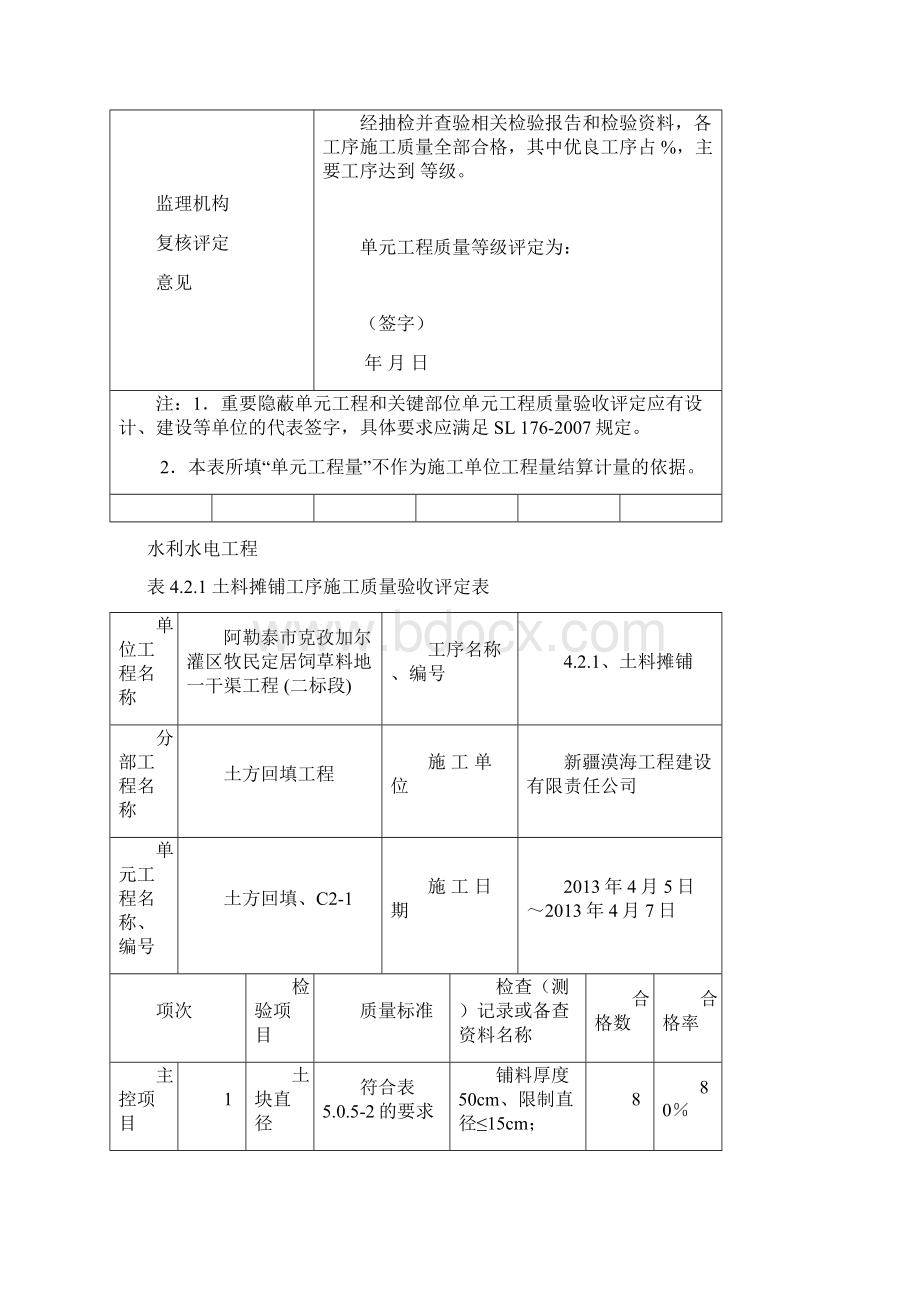 最新版水利水电工程工程质量评定表渠道土方回填填表Word文档下载推荐.docx_第2页