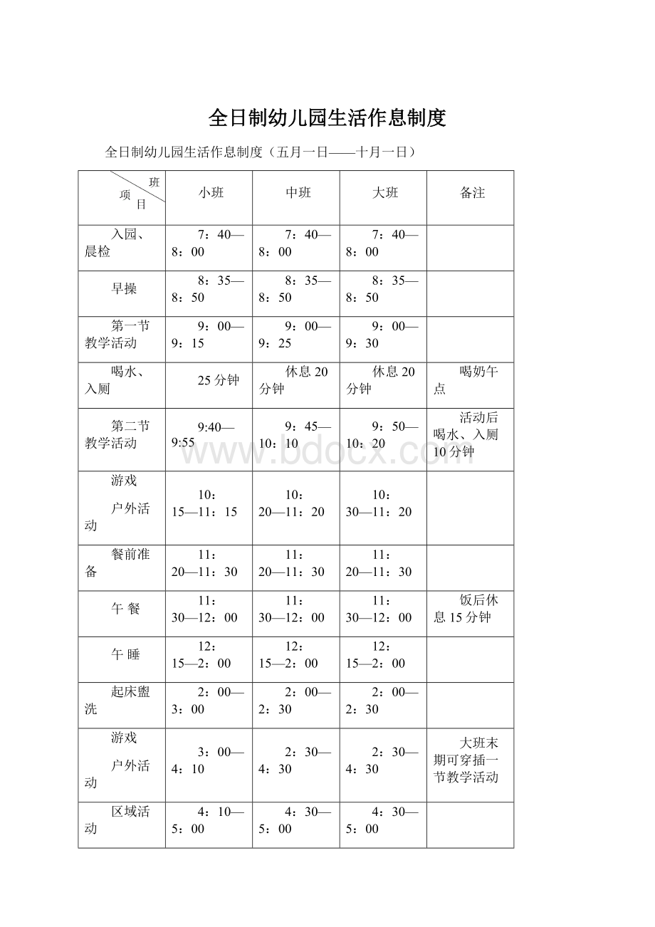 全日制幼儿园生活作息制度.docx_第1页