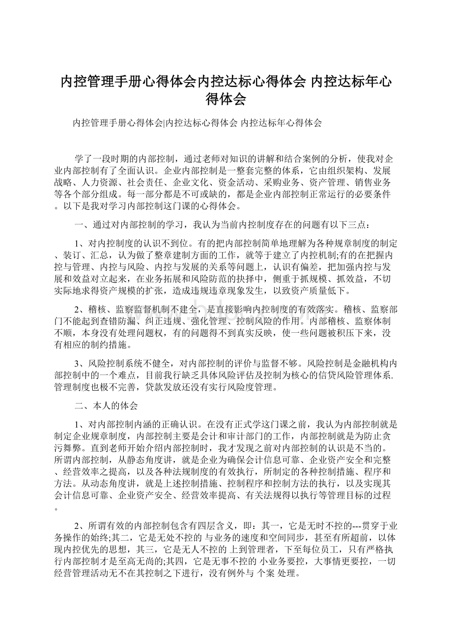 内控管理手册心得体会内控达标心得体会 内控达标年心得体会.docx_第1页