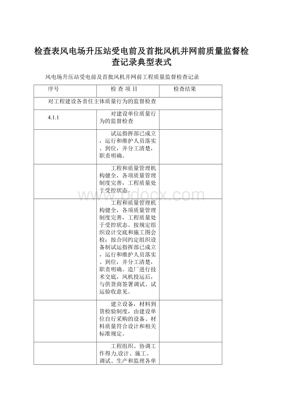 检查表风电场升压站受电前及首批风机并网前质量监督检查记录典型表式.docx_第1页