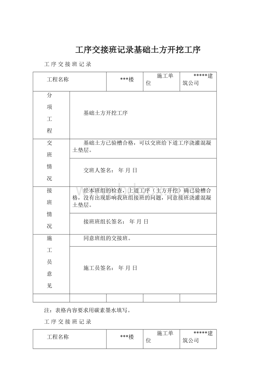 工序交接班记录基础土方开挖工序.docx_第1页