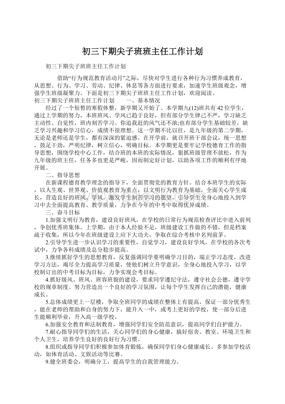 初三下期尖子班班主任工作计划.docx