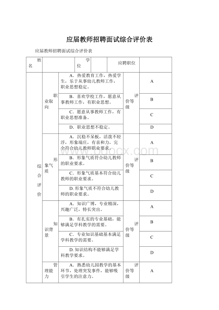 应届教师招聘面试综合评价表.docx