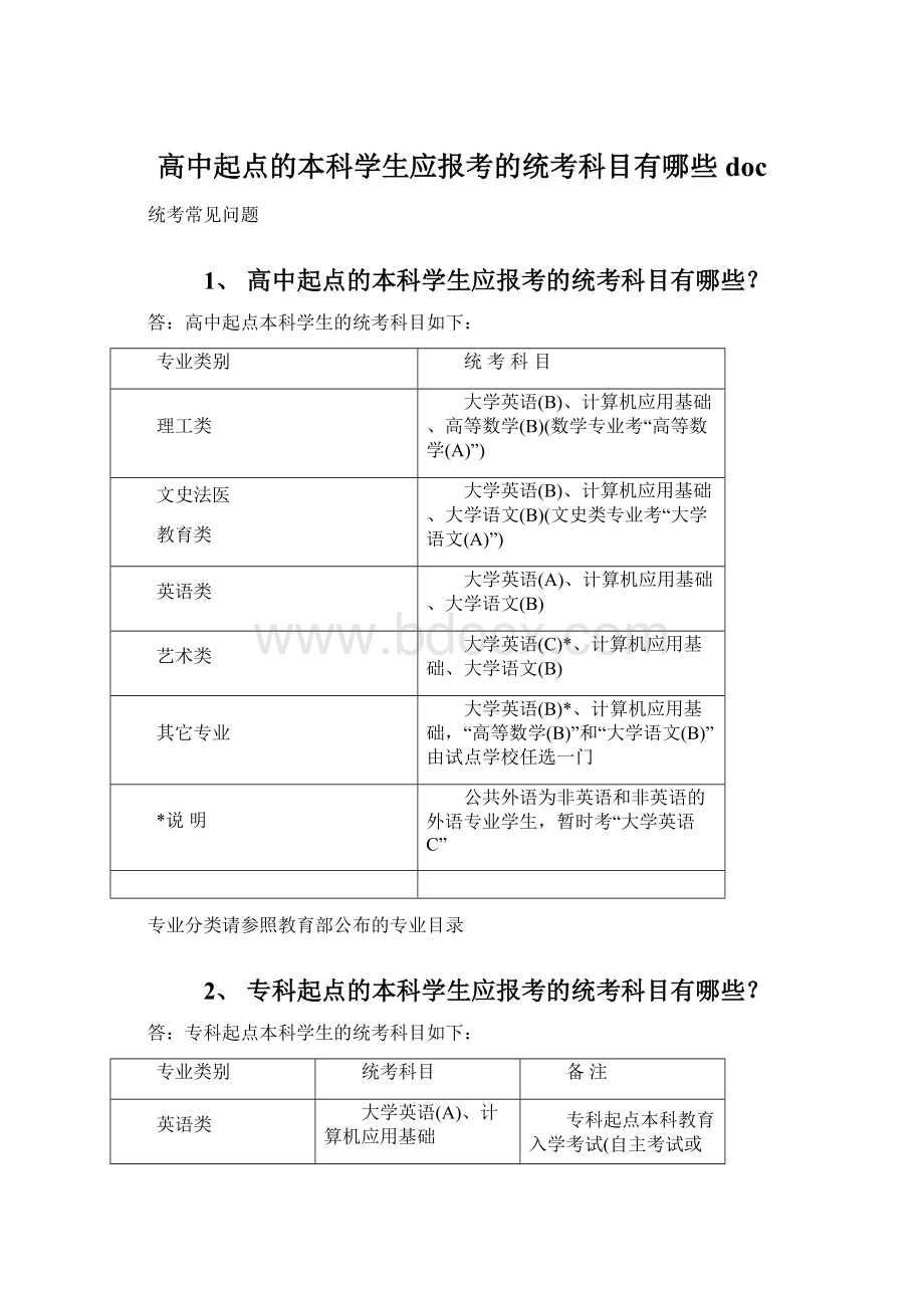 高中起点的本科学生应报考的统考科目有哪些docWord格式文档下载.docx