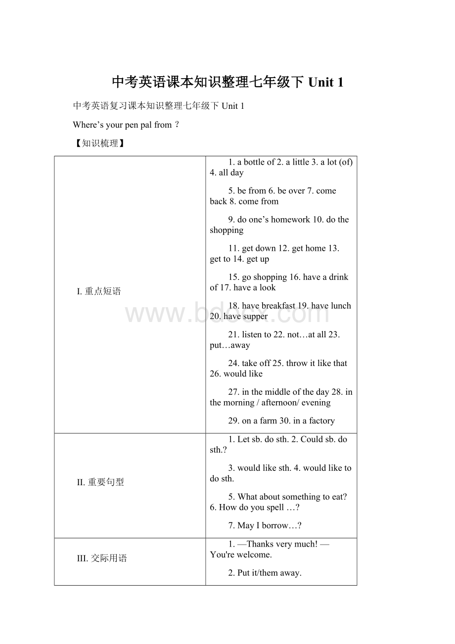 中考英语课本知识整理七年级下Unit 1.docx_第1页