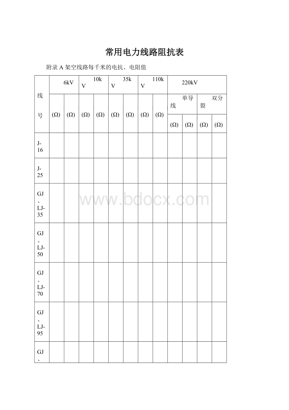 常用电力线路阻抗表Word下载.docx