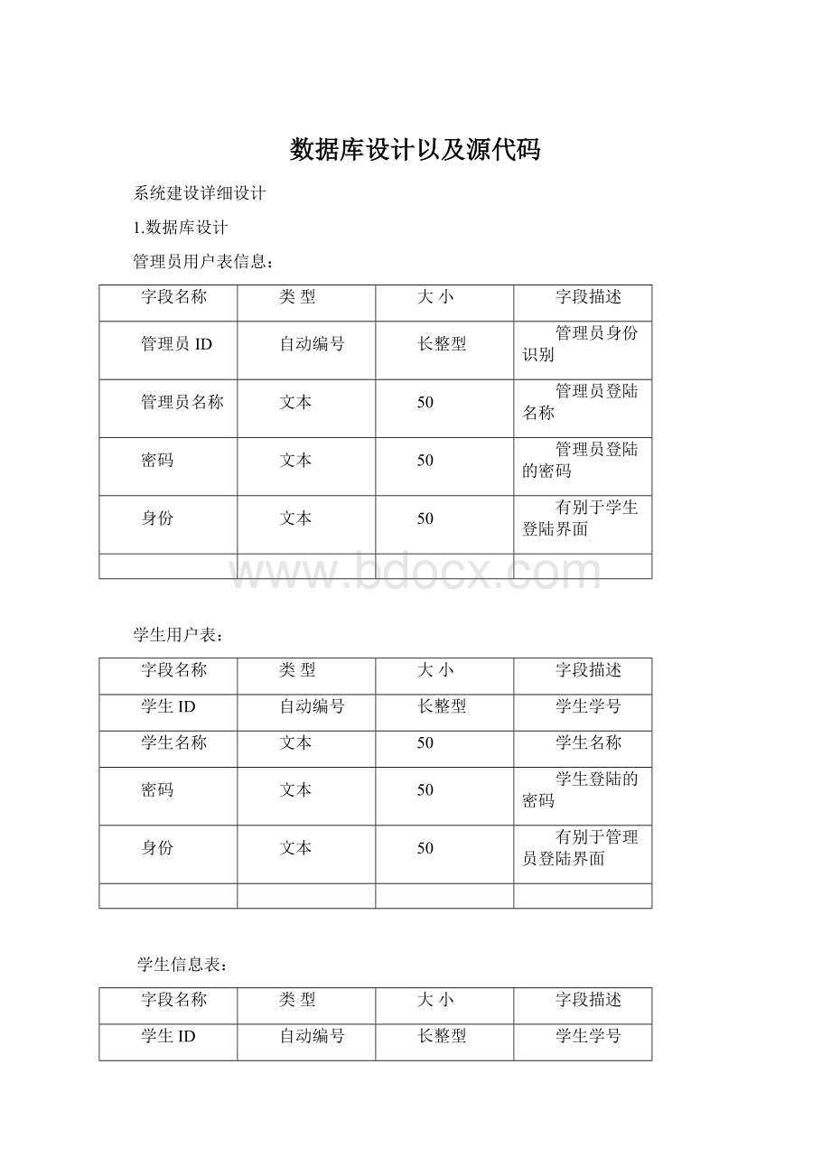 数据库设计以及源代码Word格式文档下载.docx_第1页