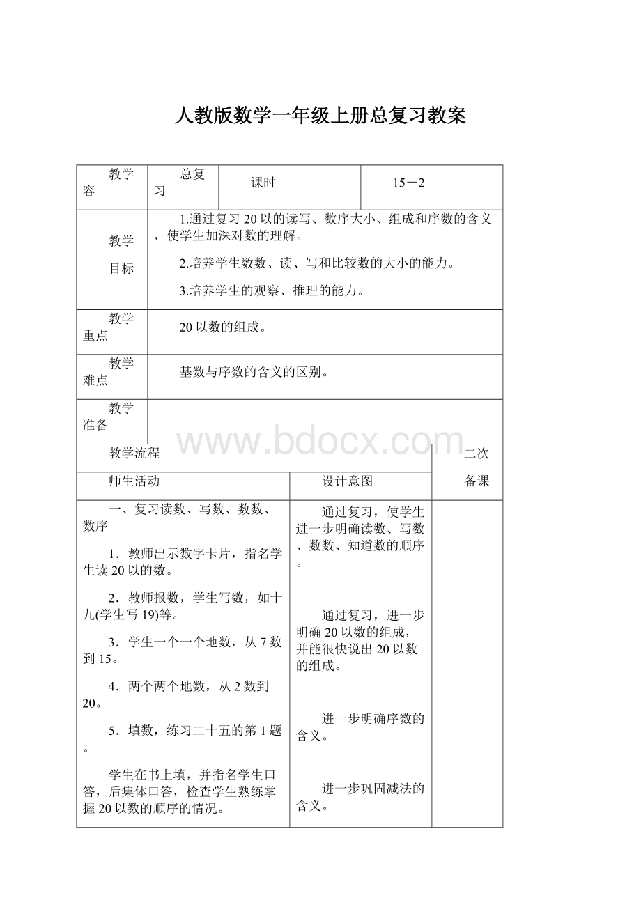 人教版数学一年级上册总复习教案.docx_第1页