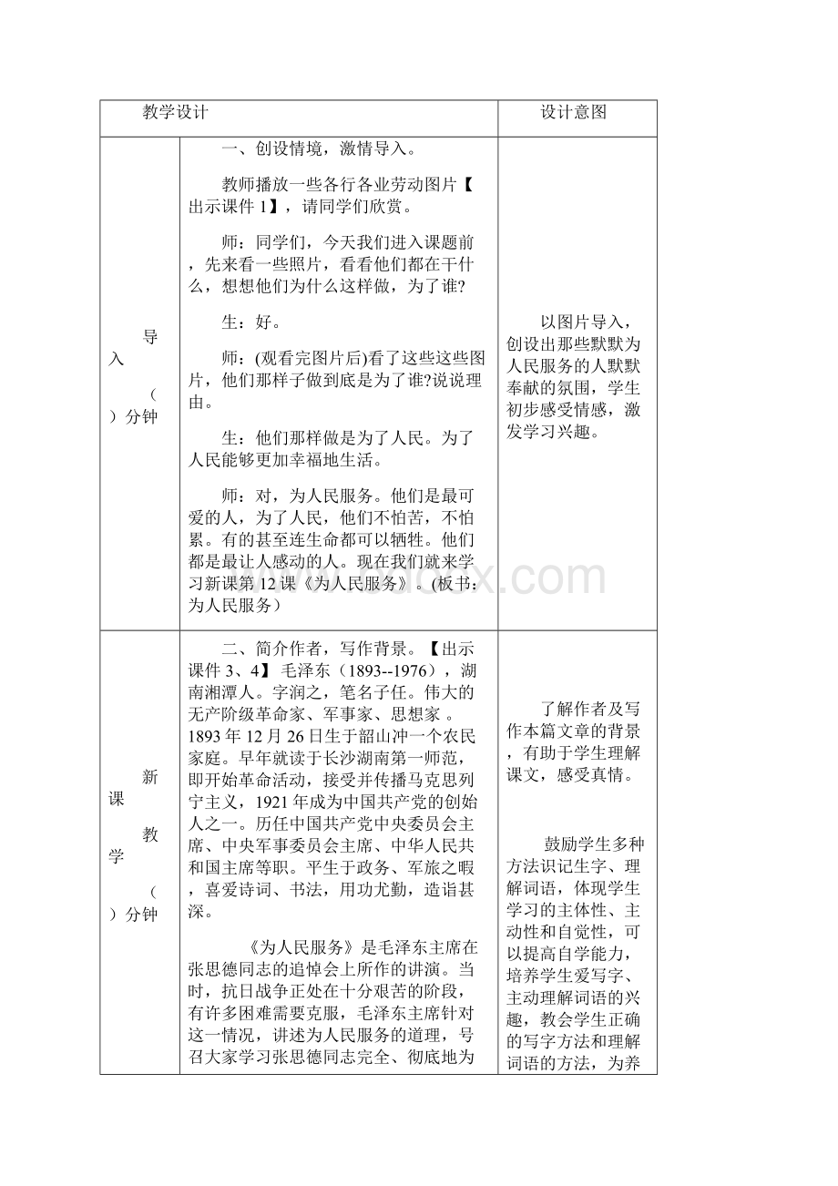 春季 部编人教版小学语文六年级下册 第4单元 12为人民服务 教案文档格式.docx_第2页