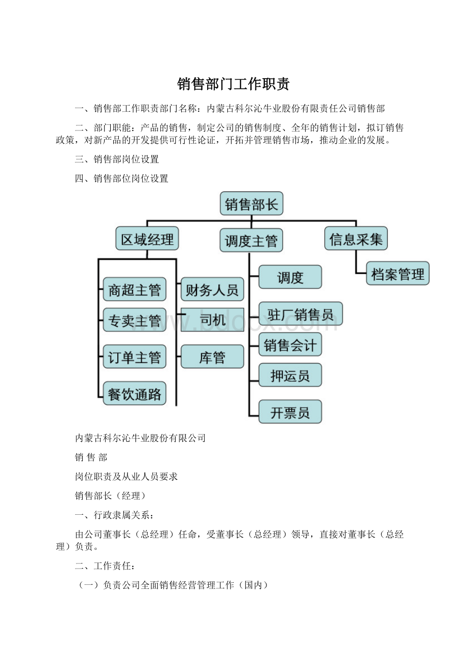 销售部门工作职责Word格式.docx