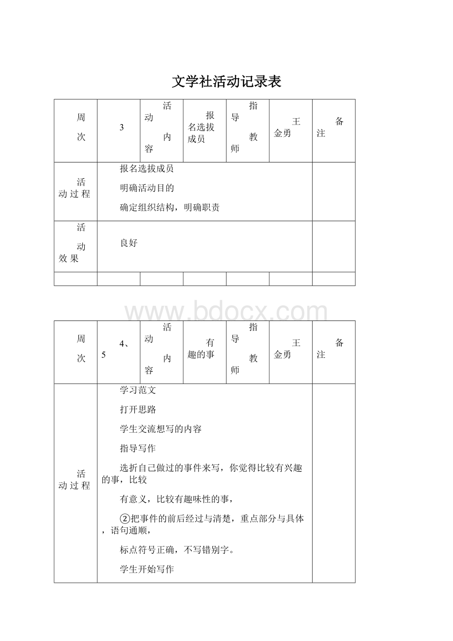 文学社活动记录表Word文档格式.docx